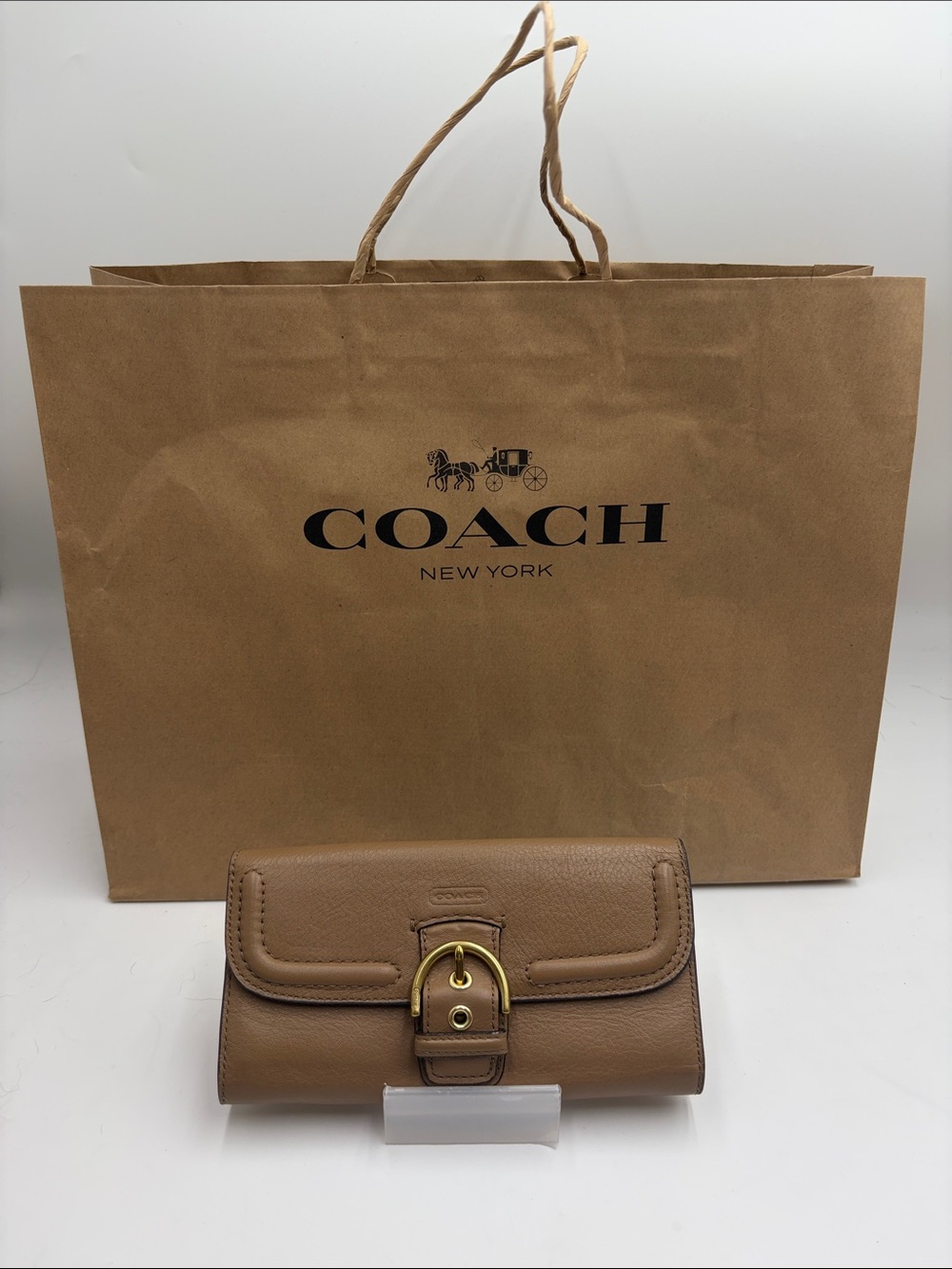 Low start Coach Tan Leather Wallet with Gold Buckle